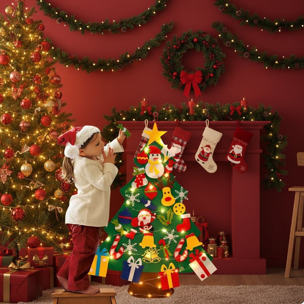 Sapin mural en feutrine avec guirlande LED et 30 décorations – activité de Noël créative pour enfants